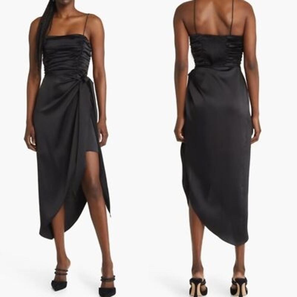 Wayf Black Satin Ruched Side Tie Wrap Midi Dress M Cocktail Nordstrom Asymmetric